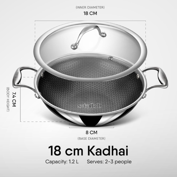 Stahl Artisan Hybrid Triply Non Stick Kadai with Lid, Stainless Steel Kadai for Cooking, Triply Kadhai Metal Spatula Friendly, Induction & Gas Stove Compatible, 1.2 L, 18cm - Image 4