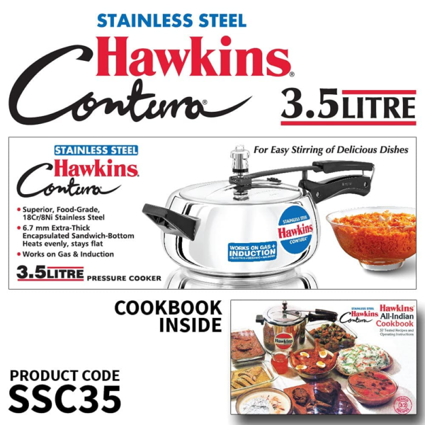 Hawkins 3.5 Litre Contura Pressure Cooker, Stainless Steel Inner Lid Cooker, Handi Cooker, Induction Cooker, Silver (SSC35) - Image 5