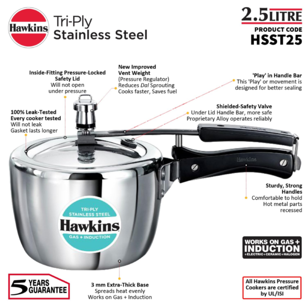 Hawkins 2.5 Litre Triply Stainless Steel Pressure Cooker, Inner Lid Cooker, Silver (HSST25) - Image 8