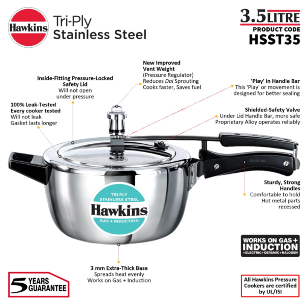 Hawkins 3.5 Litre Triply Stainless Steel Pressure Cooker, Inner Lid Cooker, Silver (HSST35) - Image 6