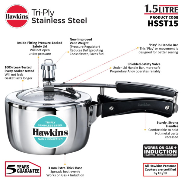 Hawkins 1.5 Litre Triply Stainless Steel Pressure Cooker, Inner Lid Induction Baby Cooker, Silver (HSST15) - Image 6