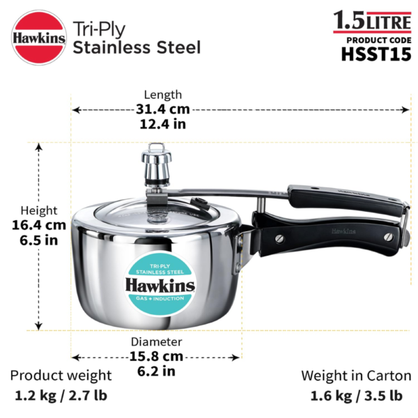 Hawkins 1.5 Litre Triply Stainless Steel Pressure Cooker, Inner Lid Induction Baby Cooker, Silver (HSST15) - Image 7