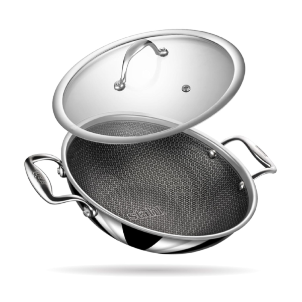 Stahl Artisan Hybrid Triply Non Stick Kadai with Lid, Stainless Steel Kadai for Cooking, Triply Kadhai Metal Spatula Friendly, Induction & Gas Stove Compatible, 2.4 L, 24 cm