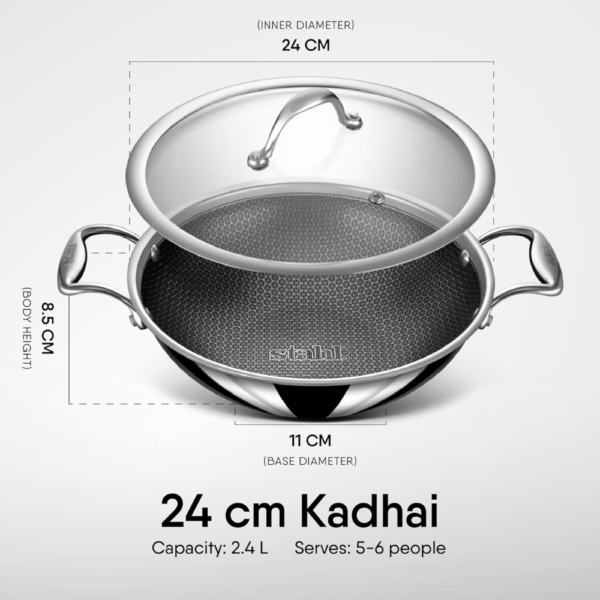 Stahl Artisan Hybrid Triply Non Stick Kadai with Lid, Stainless Steel Kadai for Cooking, Triply Kadhai Metal Spatula Friendly, Induction & Gas Stove Compatible, 2.4 L, 24 cm - Image 7