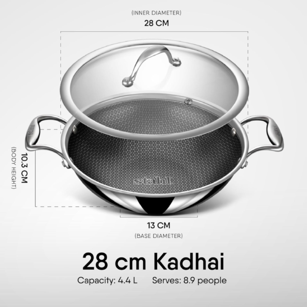 Stahl Artisan Hybrid Triply Non Stick Kadai with Lid, Stainless Steel Kadai for Cooking, Triply Kadhai Metal Spatula Friendly, Induction & Gas Stove Compatible, 4.4 L, 28 cm - Image 7