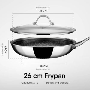 Stahl Artisan Hybrid Triply Frying Pan with Lid, Fry pan Induction Base, Frying pan Non Stick, Omelette Pan Non Stick, Frying pan Stainless Steel, 2.1 L, 26 cm