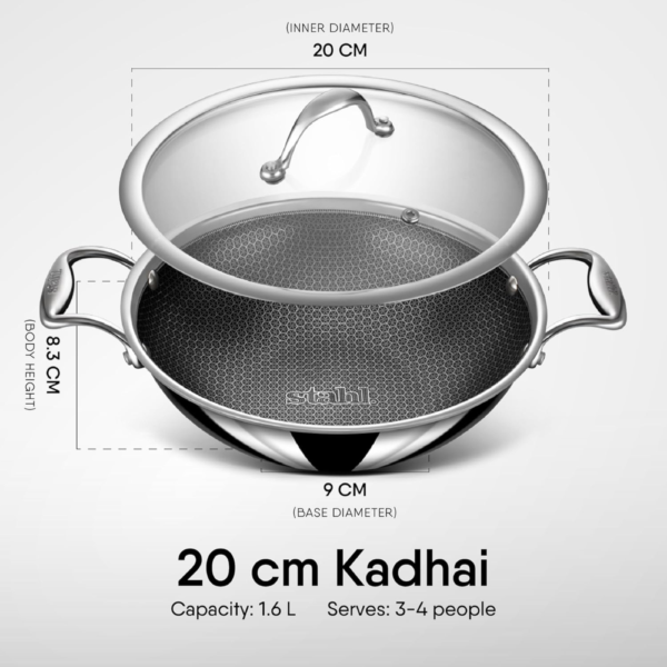Stahl Artisan Hybrid Triply Non Stick Kadai with Lid, Stainless Steel Kadai for Cooking, Triply Kadhai Metal Spatula Friendly, Induction & Gas Stove Compatible, 1.6 L, 20 cm - Image 7