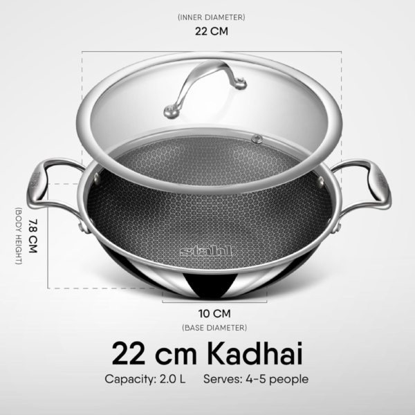 Stahl Artisan Hybrid Triply Non Stick Kadai with Lid, Stainless Steel Kadai for Cooking, Triply Kadhai Metal Spatula Friendly, Induction & Gas Stove Compatible, 2 L, 22 cm - Image 7