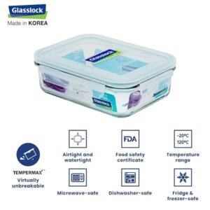 GLASSLOCK Korea Tempered Glass Container, 400 ml, Rectangle – Microwave Safe Food Storage Box with Lid, Airtight – Classic Type Kitchen Jar, Fridge Safe