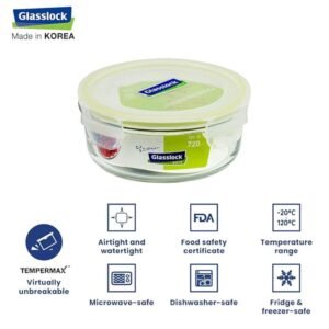 GLASSLOCK Korea Tempered Glass Container, 720 ml, Round – Microwave Safe Food Storage Box with Lid, Airtight – Classic Type Kitchen Jar, Fridge Safe