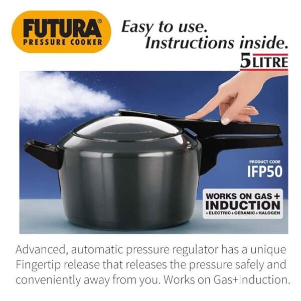 Hawkins Futura 5 Litre Pressure Cooker, Hard Anodised Inner Lid Pressure Cooker, Induction Cooker, Pan Cooker, Black (IFP50) - Image 2